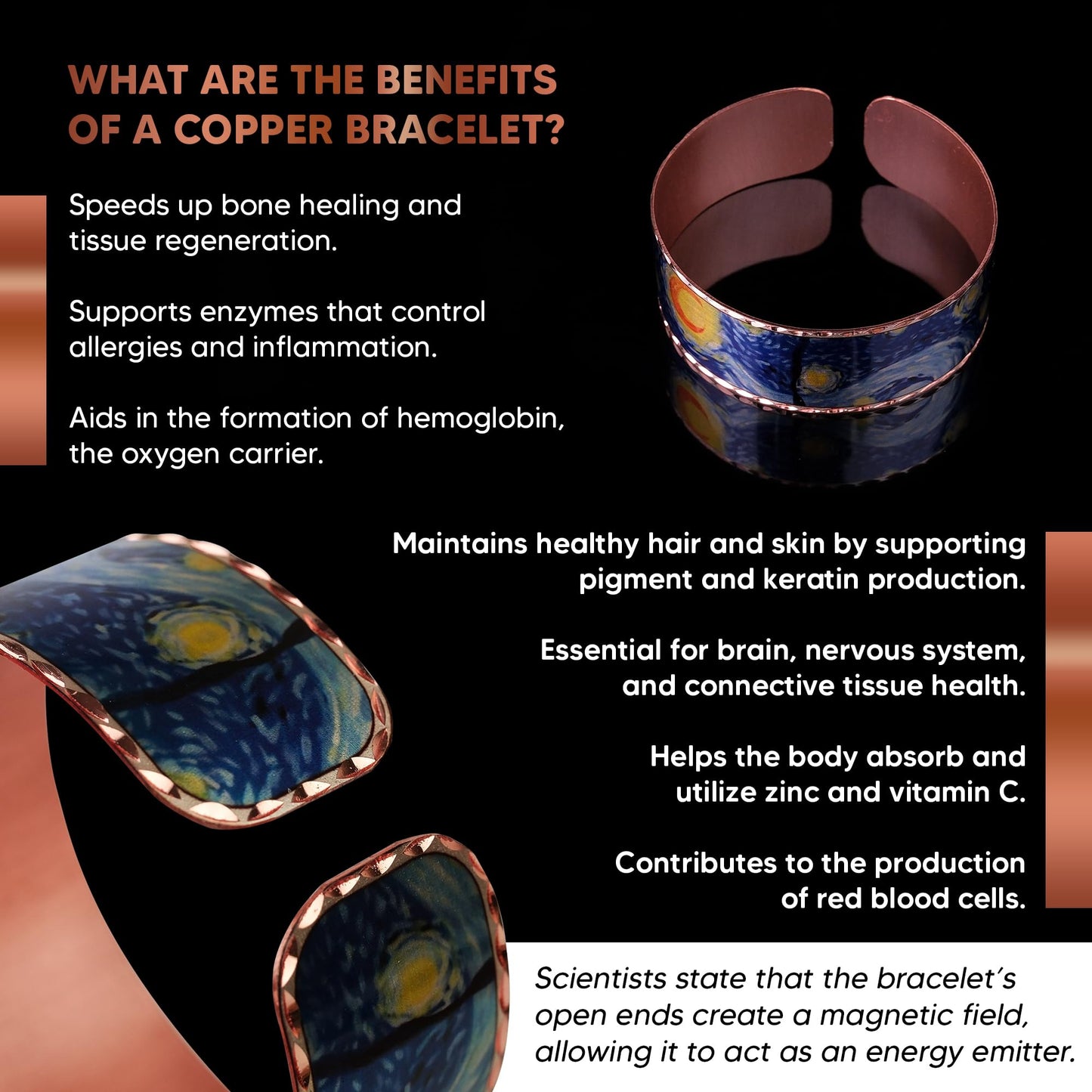 Moreni Copper Bracelet for Men & Women – Handmade Engraved Cuff Inspired by “The Starry Night” – Artistic Pure Copper Jewelry with Gift Wooden Box