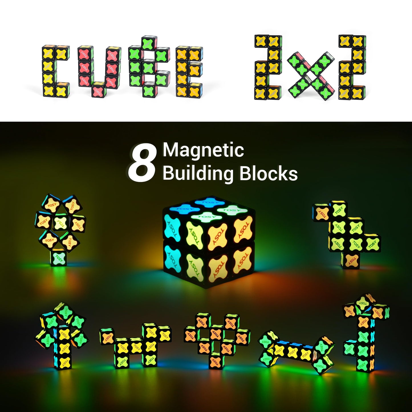 TOSY Magnet Cube 2x2 - 8 Blocks, 2in1 Toy: 2x2x2 Puzzle Cube and Customizable Infinity Cube, Easter Basket Stuffers Gifts for Kids/Grandkids, Glowing with UV Flashlight, Sensory/STEM Toy