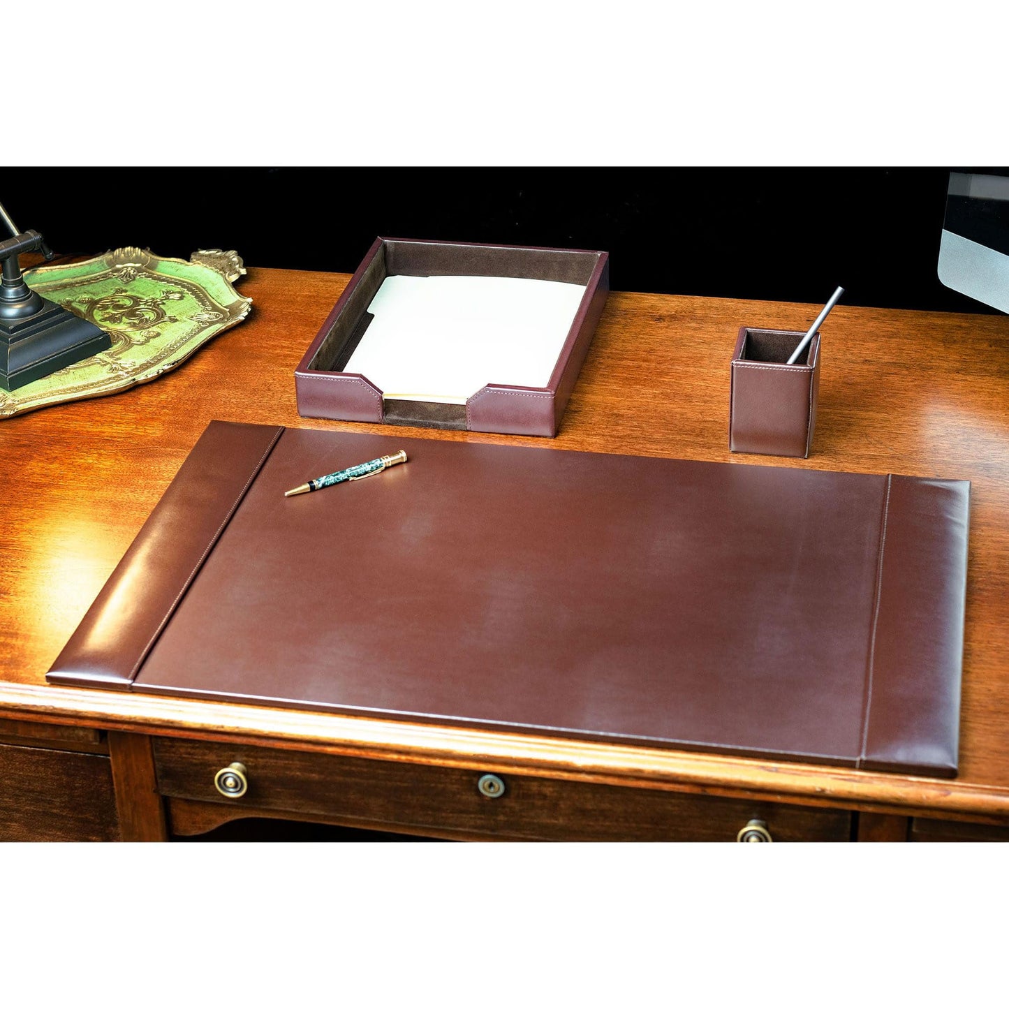 Dacasso Brown Bonded Leather Luxury 3 Piece Desk Set - Blotter Pad & Desk Organization Essentials - Executive Decor and Surface Protector