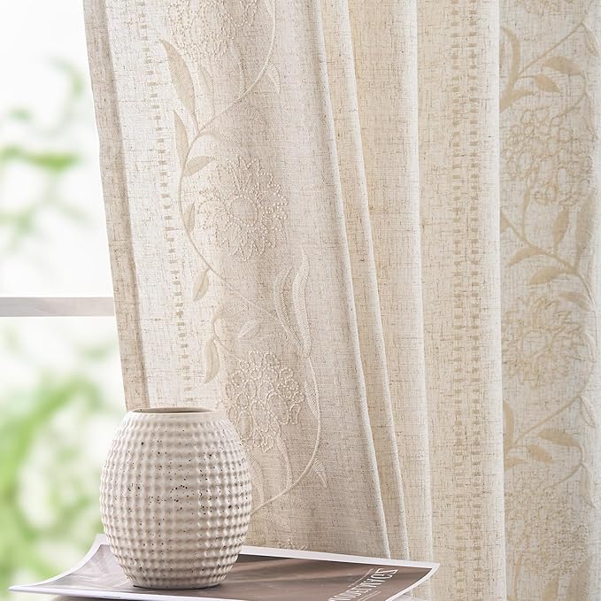jinchan Winslow Linen Curtains for Bedroom 63 Inches Length Embroidered Bordered Floral Curtains for Living Room Farmhouse Decor Light Filtering Window Treatments Ivory on Beige Drapes 2 Panels