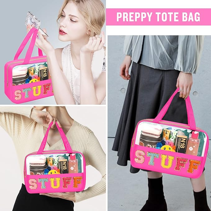 Chenille Letter Clear Makeup Bags Stuff Tote, Preppy Patch Makeup Bag Zipper with Handle, Waterproof PVC & Nylon Portable Glitter Large Cosmetic Travel Toiletry Storage for Women Girls(STUFF-Rose)