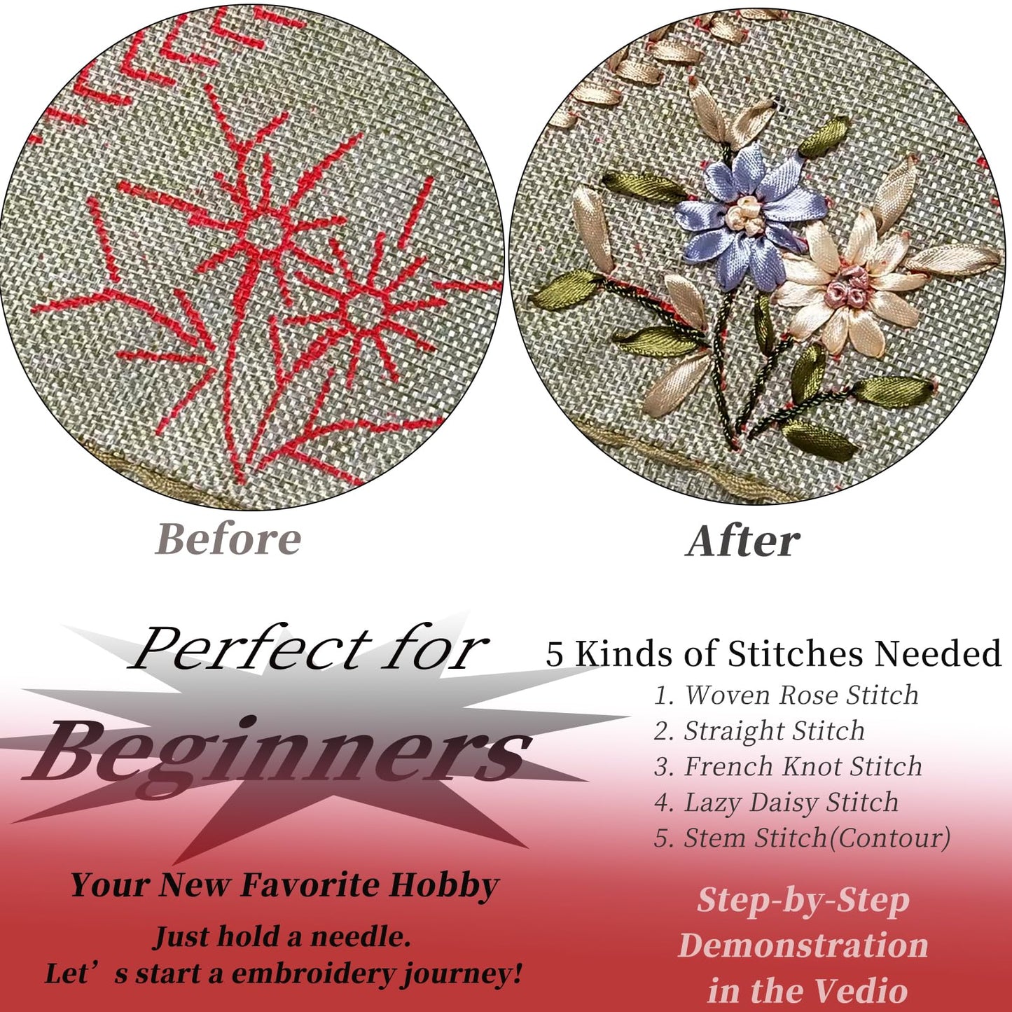 FONNUY Crewel Ribbon Embroidery Kit, Floral Pillow Covers, DIY Pillowcase Kits for Audlt Beginners, 18 x 18'' (Brown)