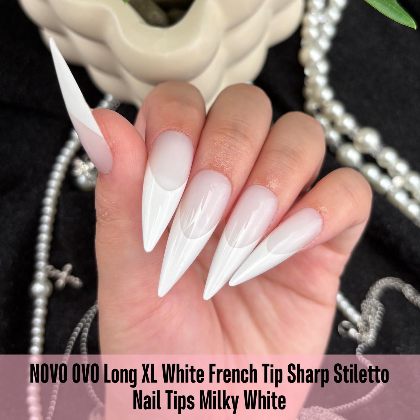 NOVO OVO White French Tip Long XL Sharp Stiletto Nail Tips Press on Milky White (Cloud Dancer), Soft Gel Double Matte Fake Nail Extension, Full Cover False Nails for Acrylic DIY x 16 Sizes 160 pcs