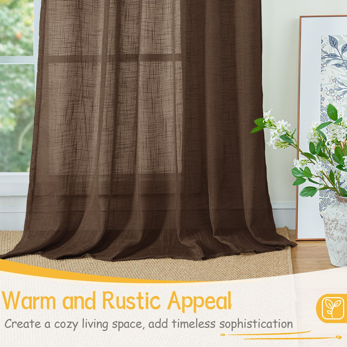 Brown Linen Semi Sheer Curtains 45 Inches Long 2 Panels (2 Count)