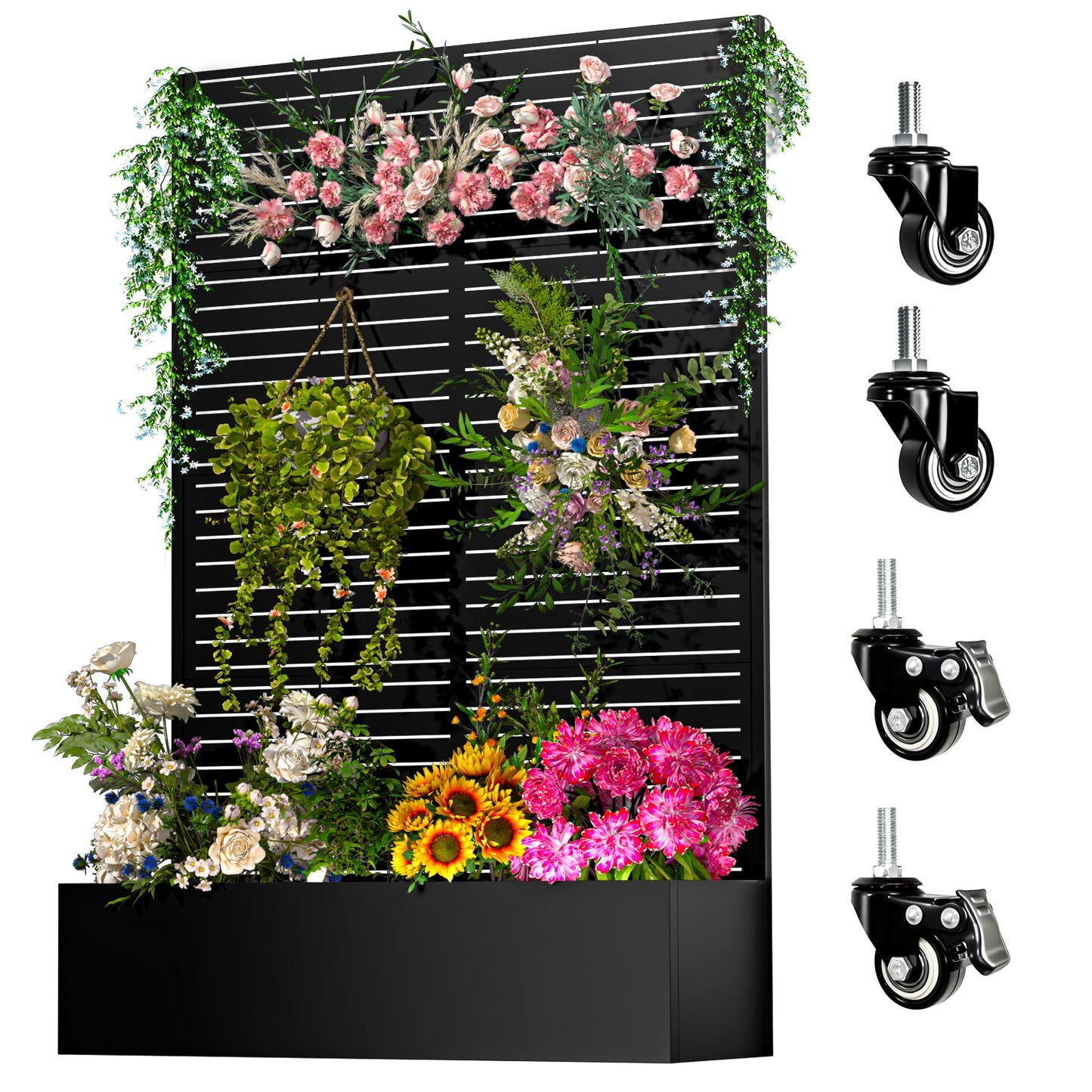Metal Planter Box with Trellis,72"x47"x16"Galvanized Steel Outdoor Raised Garden Bed with Privacy Screen,with Drainage Holes & Lockable Casters for Climbing Plants,Vegetables,and Vines(BYC)