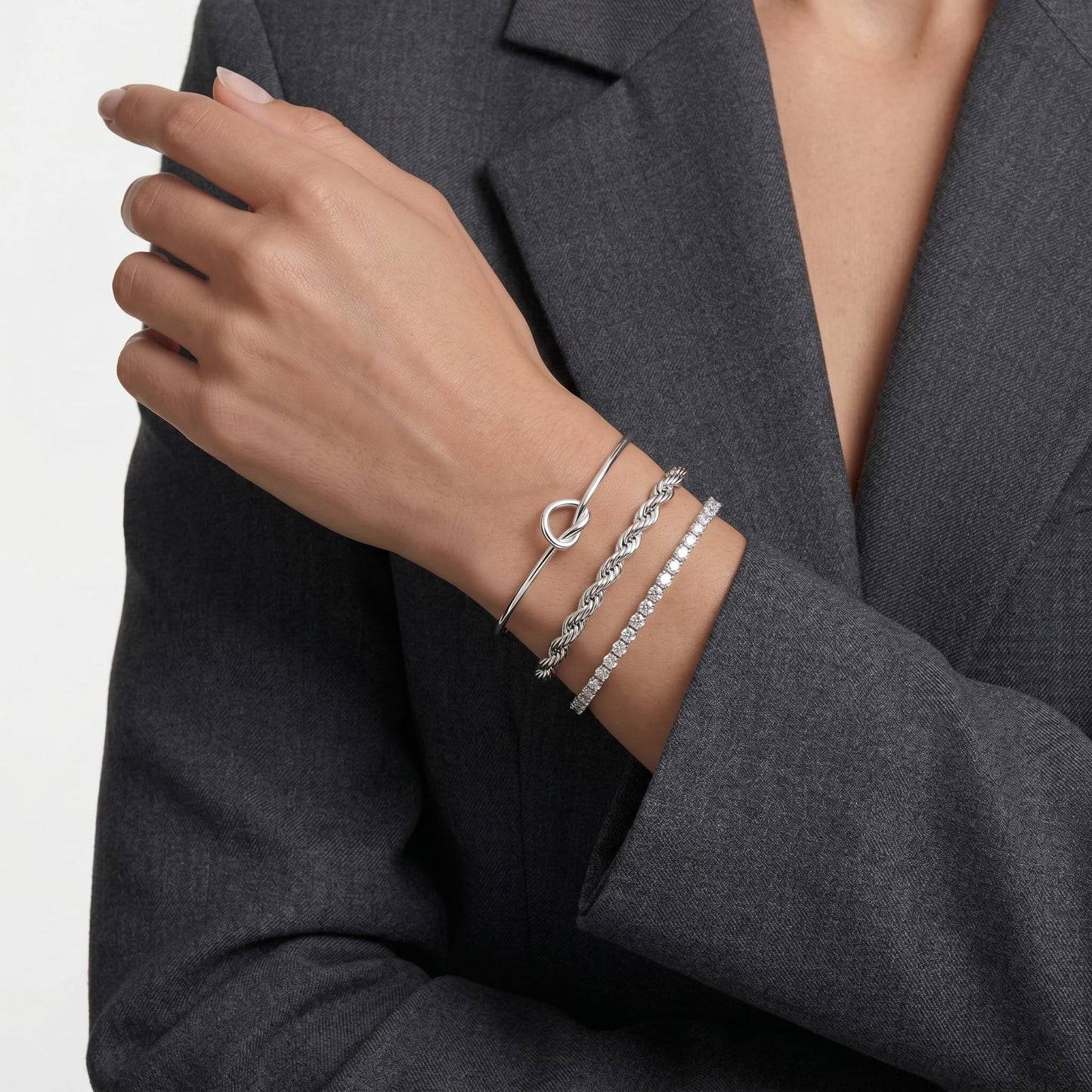 Poxtex Silver Cuff Bracelets Set for Women, 3 Pcs Stackable Rope Open Bangles, Cubic Zirconia Tennis, Stardust Thin Polished Band, Non Tarnish Stainless Steel Jewelry Gifts