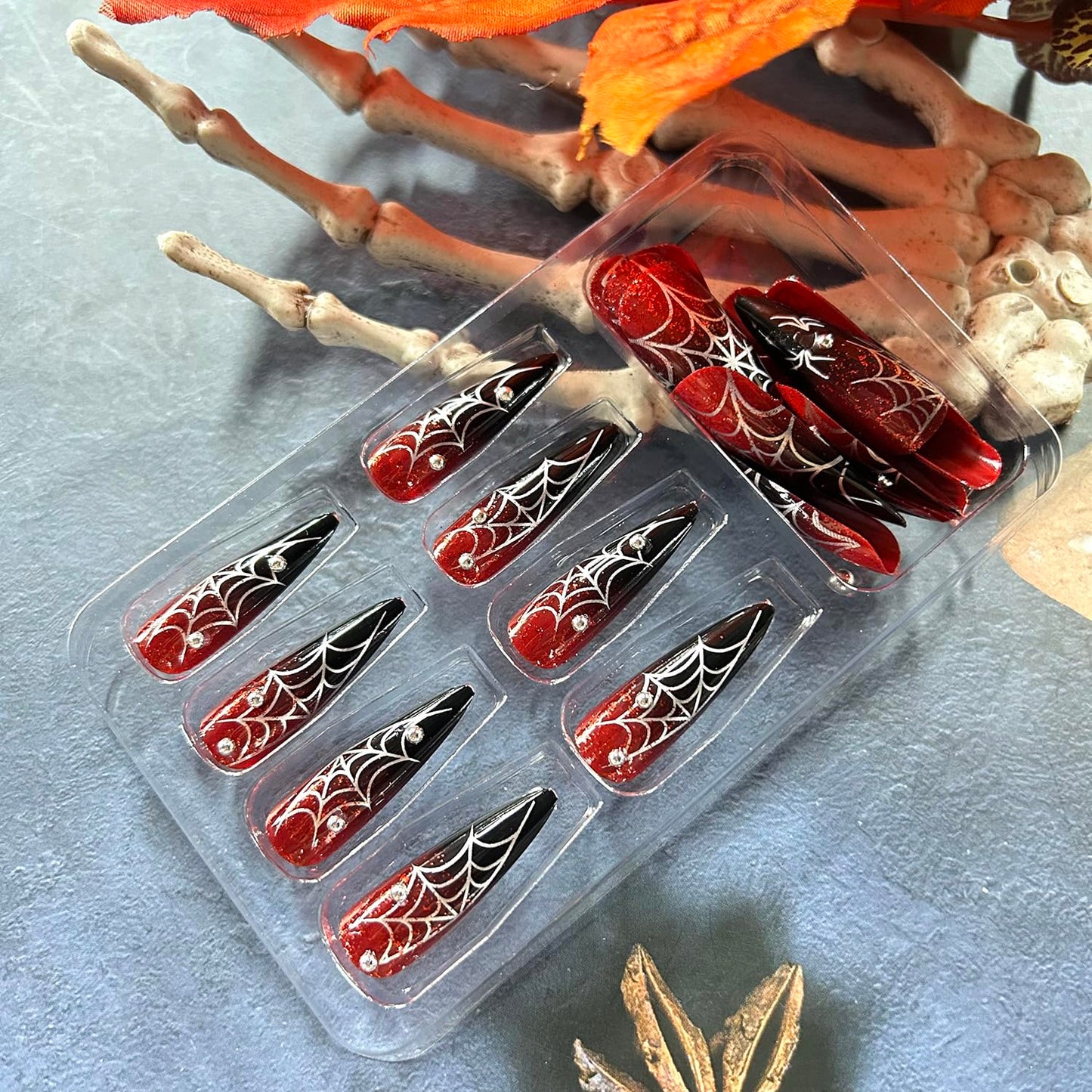 Spider Web Halloween Press on Nails Long Silver Steel Ball Spider Design Halloween Nail Full Cover Glossy Artificial Acrylic False Nail Wine Red Gradinet French Tip Long Stick on Nails for Women