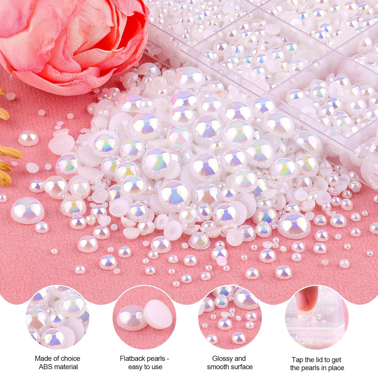 11000Pcs Flatback Pearls for Crafting (White AB), Assorted Size 2/3/4/5/6/8/10mm Non Hotfix Half Pearl, Bedazzling Bead for DIY Crafts Clothing Tumblers Mugs Shoes Fabric Embellishment Nail Art Makeup