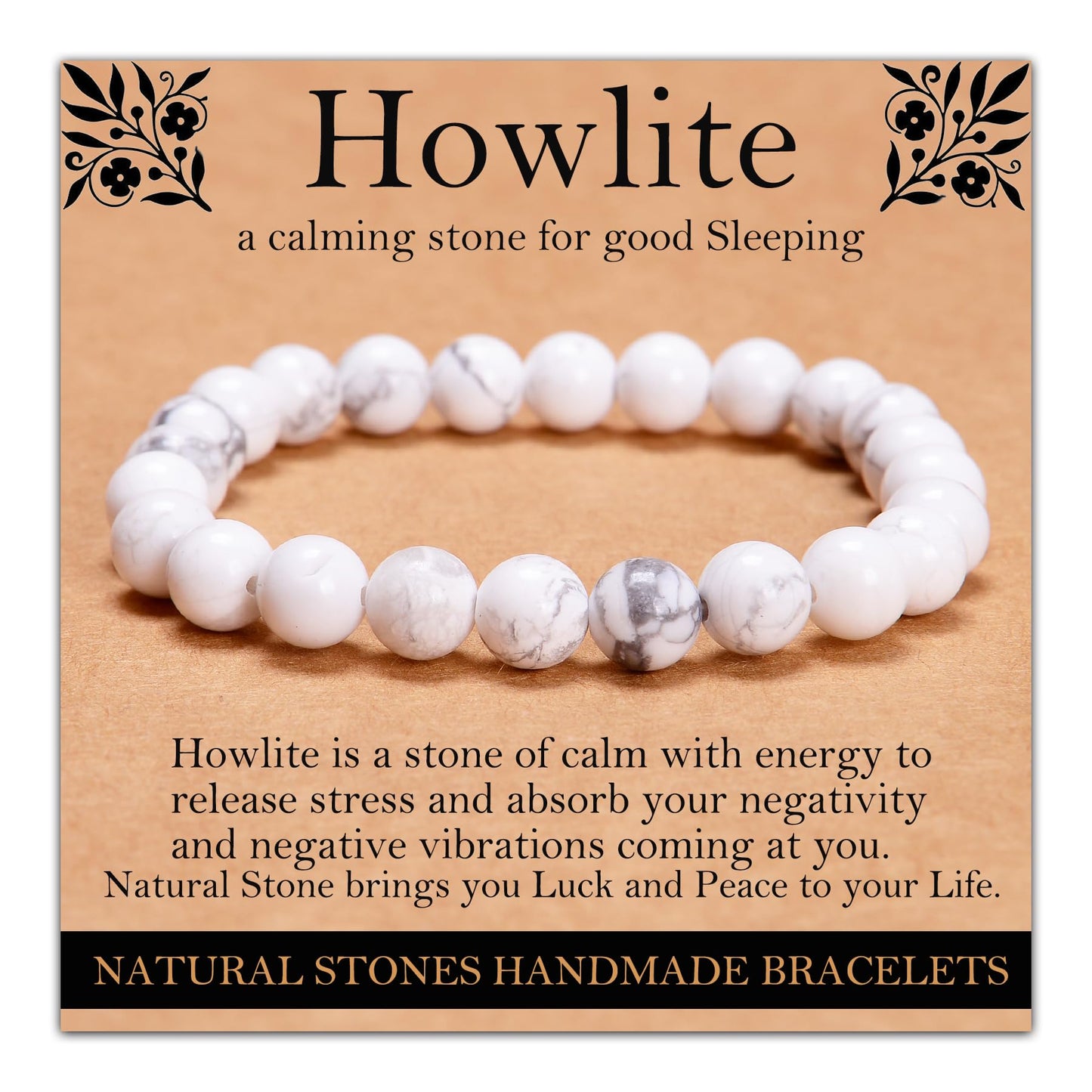 Handmade Natural Gemstone Elastic Bracelet - Healing Crystal Beads Jewelry, Unisex (Howlite, 8mm)