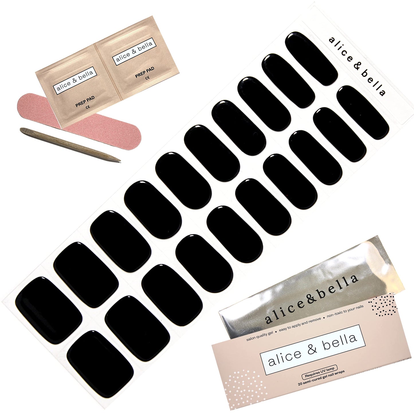 ALICE & BELLA Semi Cured Gel Nail Strips-20 PCS Solid Black Nail Strengthening Gel Stickers, Use with UV Light Lamp, Salon Quality Manicure Wraps (Glossy Solid Black)