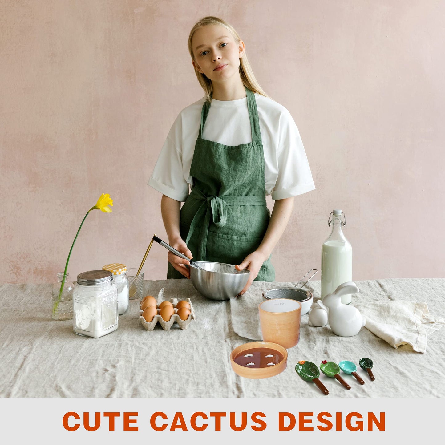 Cactus Measuring Spoons Set in Pot, Cute Ceramic Measuring Spoons and Cups, Kitchen Cacti Spoon with Holder, Baking Measuring Cups Ornaments Gift