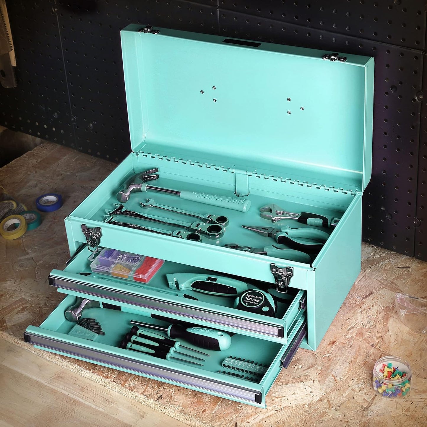 Amazon Basics Steel Tool Box Storage and Organization Drawers, Tool Storage with Powder Coat Finish, 18.11 x 8.66 x 9.45 in, Turquoise