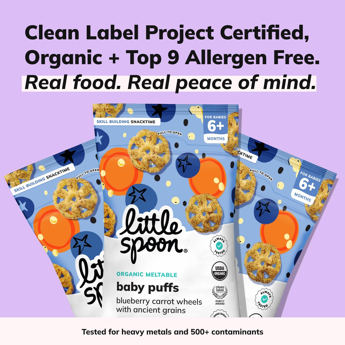 Little Spoon Blueberry Carrot Meltable Baby Wheels, Organic Corn, Quinoa & Sorghum, No Added Sugar Snacks, Encourages Self-Feeding, 1 Oz Bag, 4 Pack