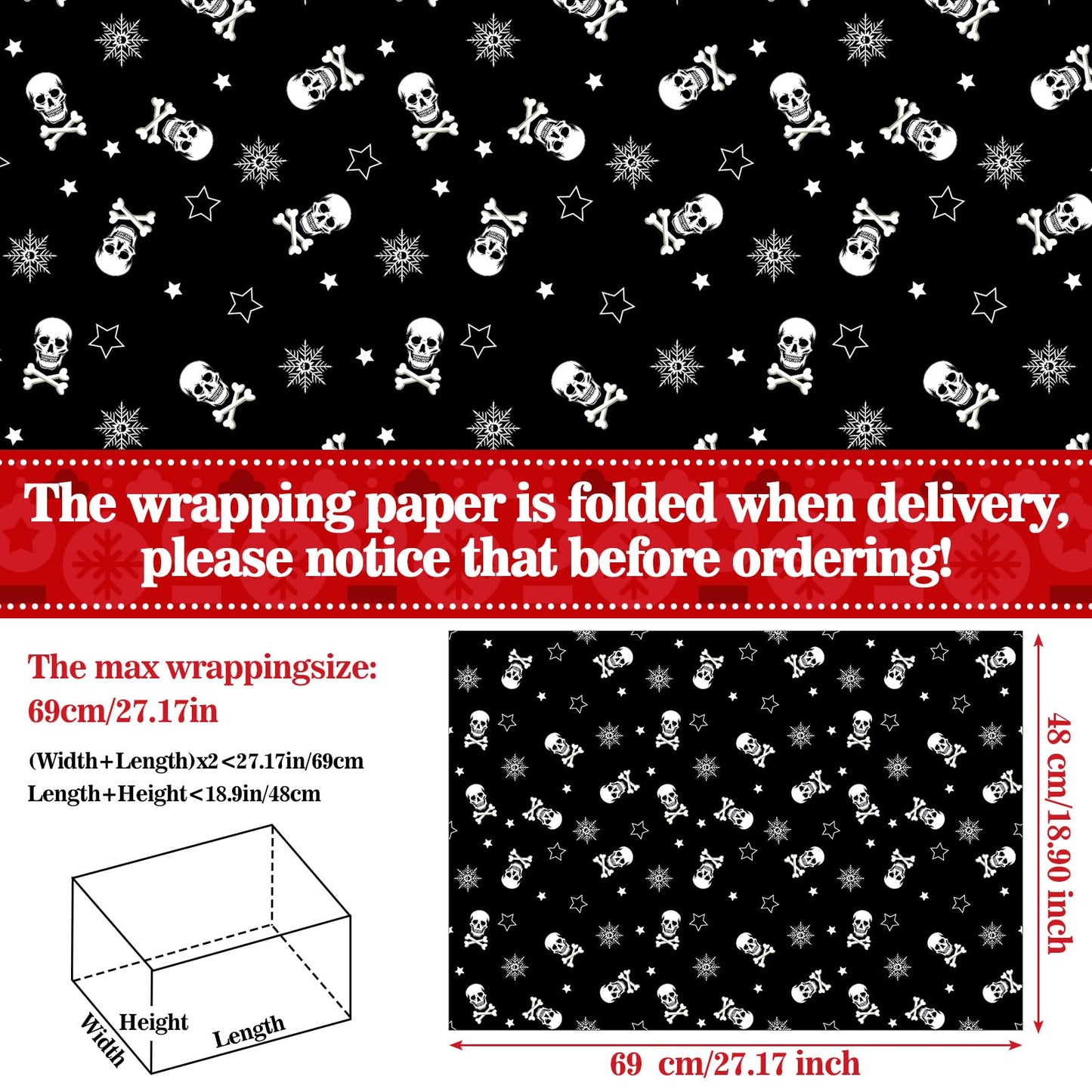 Watersay 12 Pcs Gothic Christmas Wrapping Paper Skeleton Skull Christmas Wrapping Paper Gift Wrap Skull Snowflake Wrap Decoration for Xmas Gift Arts Crafts