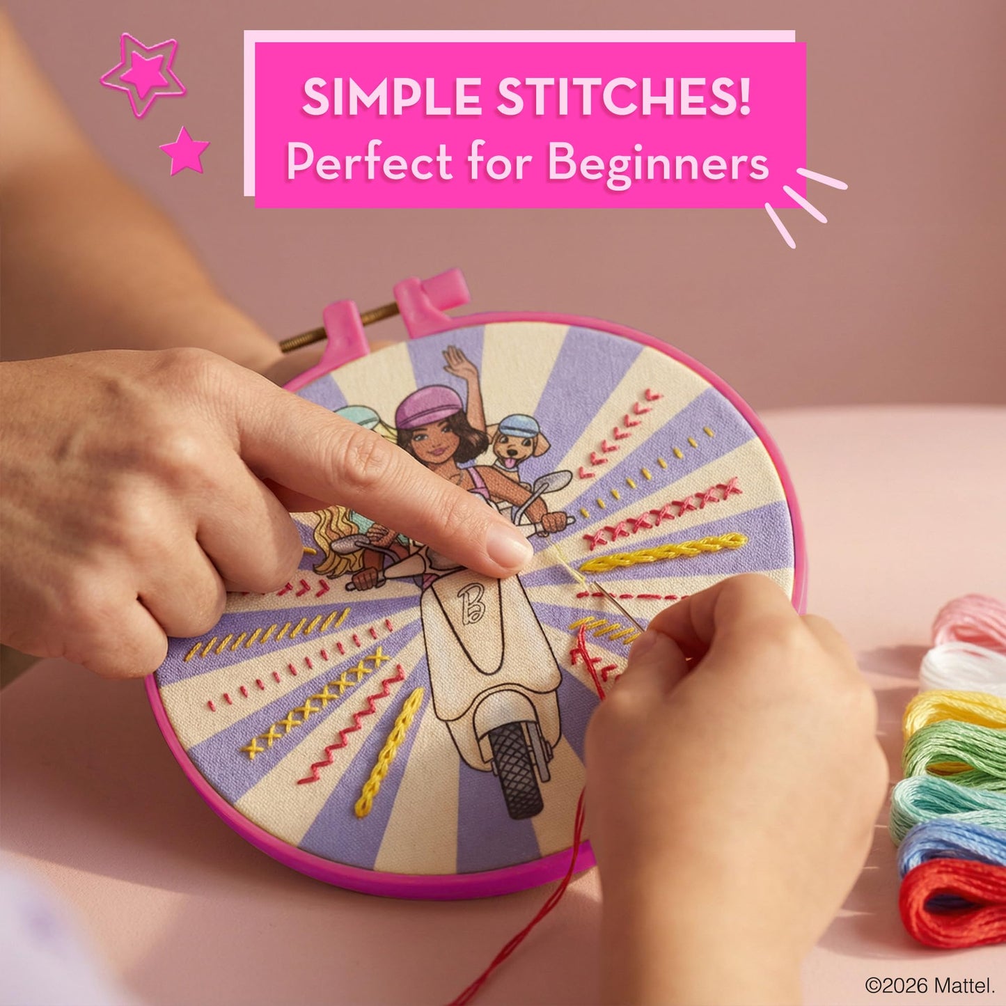 Barbie® Kids Embroidery Kit for Girls Ages 8-12 - Beginner Craft Kit with 8 Designs, 2 Hoops, Thread & Needles - Sewing Arts and Crafts Gift Set