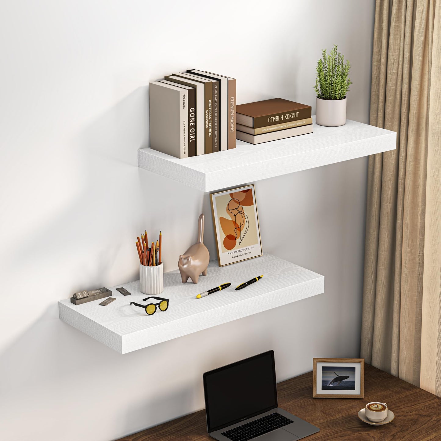 Dreamland 32" Floating Shelves for Wall, 12" Deep Thicker White Floating Shelves, Wall-Mounted Shelves for Bedroom, Living Room, Kitchen, Bathroom - Set of 2