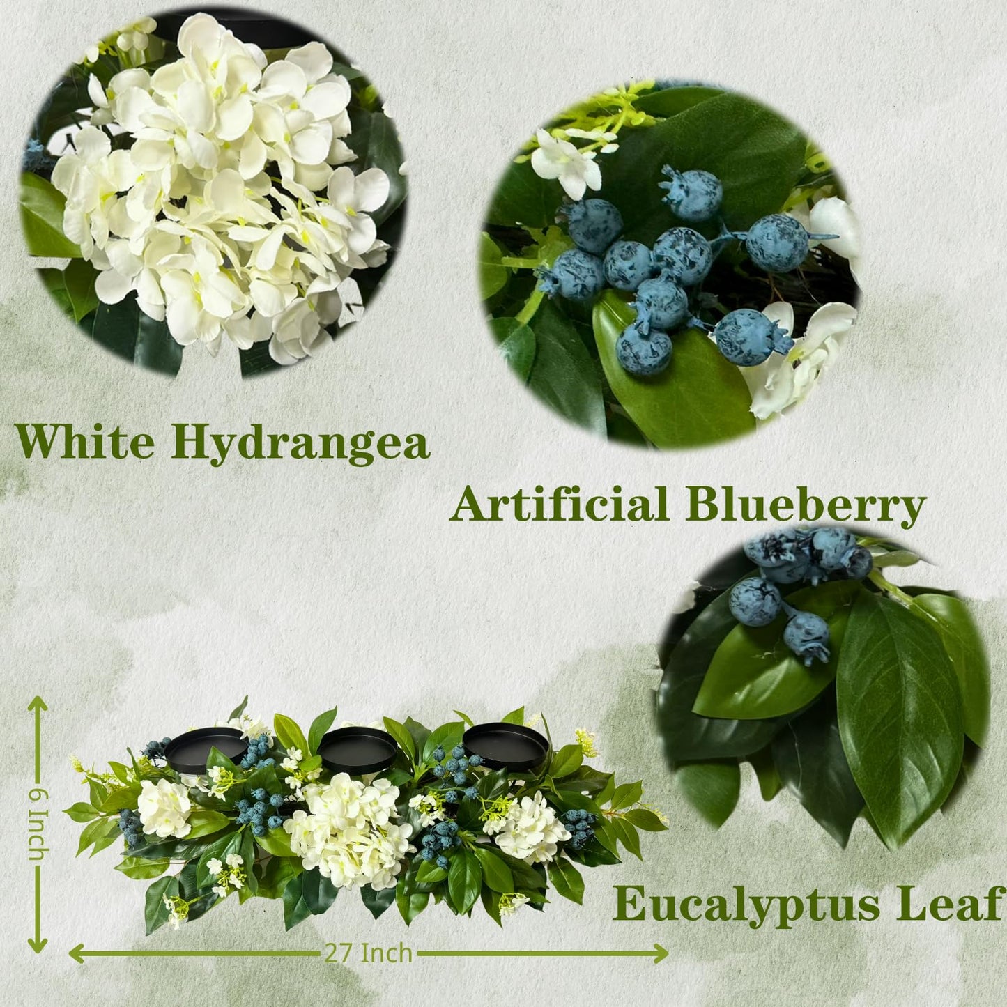 Svndlyn All Season Candle Holder Centerpiece for Table with Artificial Blueberry,White Hydrangea and Eucalyptus Leaf for Table Centerpiece Decor,Dining Room,Party Home Decor
