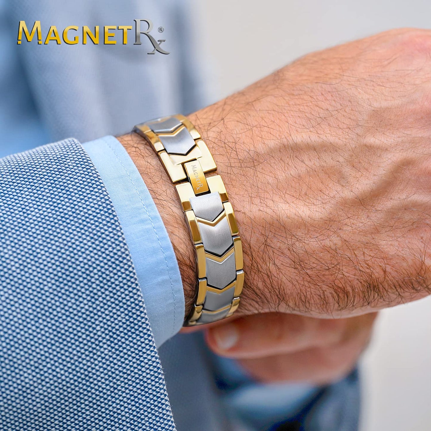 MagnetRX® Ultra Strength Magnetic Bracelet – Effective Stainless Steel Metal Bracelets for Men – Adjustable Length with Sizing Tool for Perfect Fit (Silver & Gold)