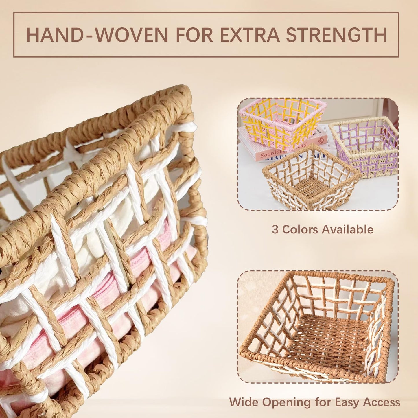 Woven Storage Basket, Rustic Farmhouse Decor, Multi-Purpose Organizer Bin, Countertop & Toilet Tank Basket for Home, Bedroom, Living Room, Entryway (Purple and Beige)
