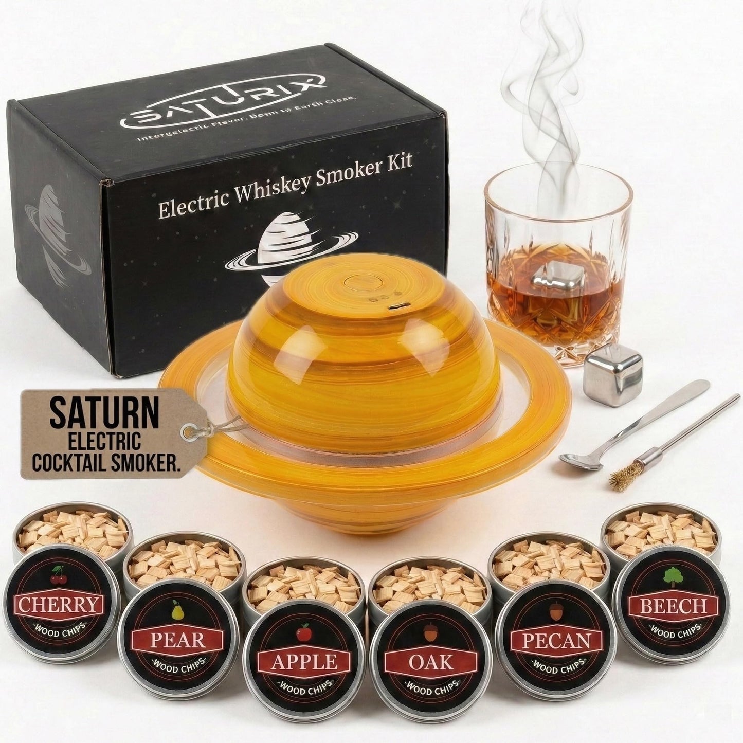 SATURIX Electric Cocktail Smoker Kit - Rechargeable Whiskey Smoker with 6 Wood Chip Flavors, Flame-Free, USB-C Charging, Old Fashioned & Bourbon Gift Set for Men, Husbands & Dads