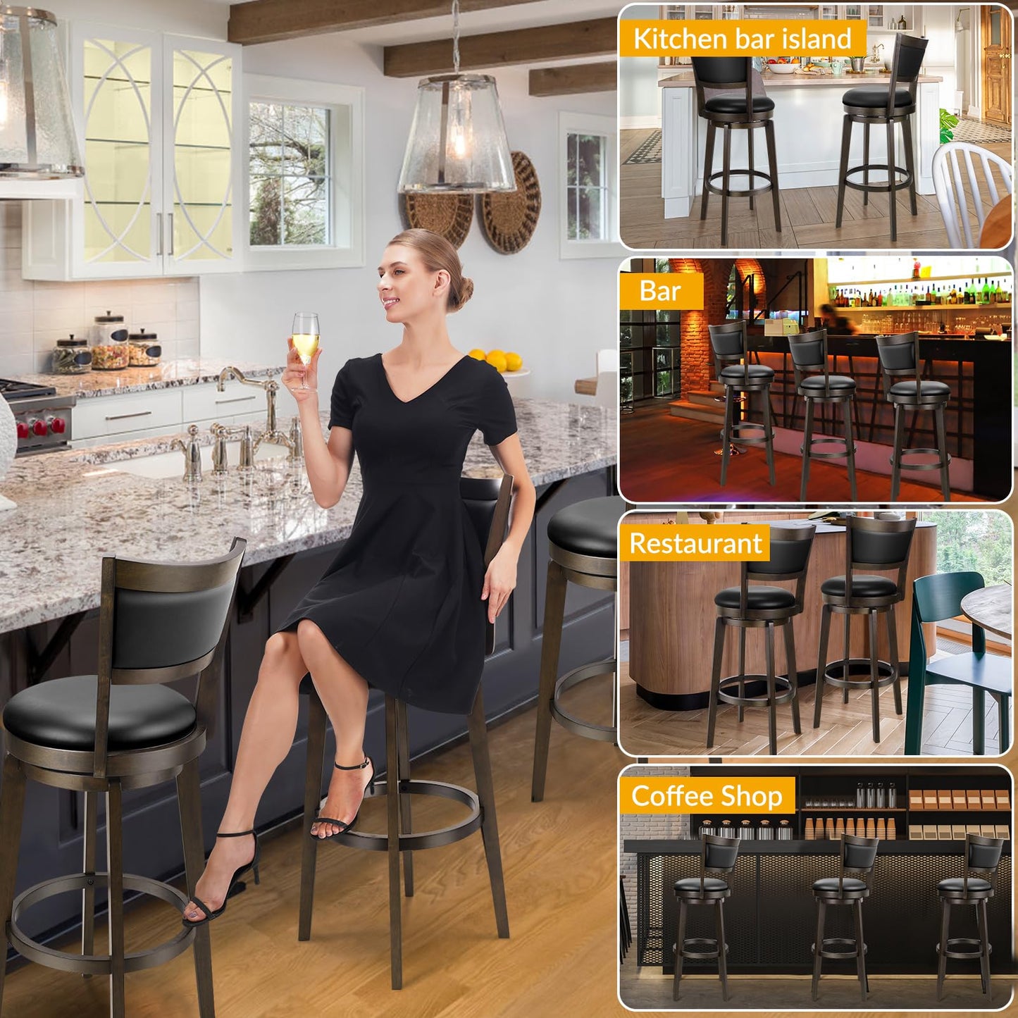 PrimeZone Swivel Bar Stools Set of 2, 24 Inch Counter Height Barstools, Black Faux Leather Bar Stool with High Backrest & Solid Wood Legs & Wrap-around Footrest, Counter Stools for Kitchen Island, Pub