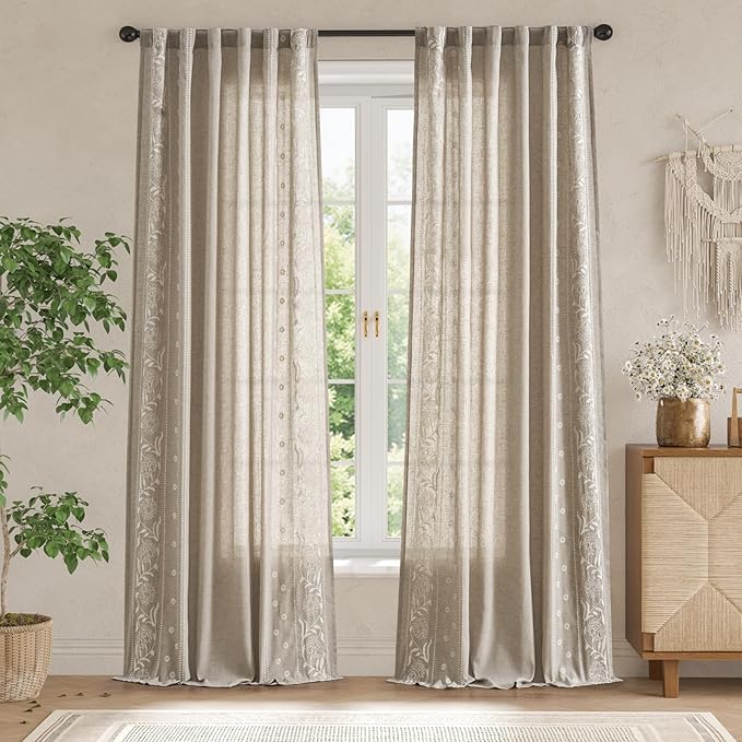 jinchan Winslow Linen Curtains for Bedroom 96 Inches Length Embroidered Bordered Floral Curtains for Living Room Farmhouse Decor Light Filtering Window Treatments Ivory on Taupe Drapes 2 Panels