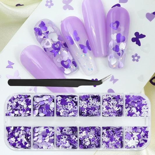 1 Box 2 Color Holographic Hearts Flower Nail Glitter Purple Nail Sequins 3D Butterfly Nail Flakes Sparkly Powder Flakes Shiny Nail Confetti Hollow Chunky Glitter for Nails Art 12 Grids