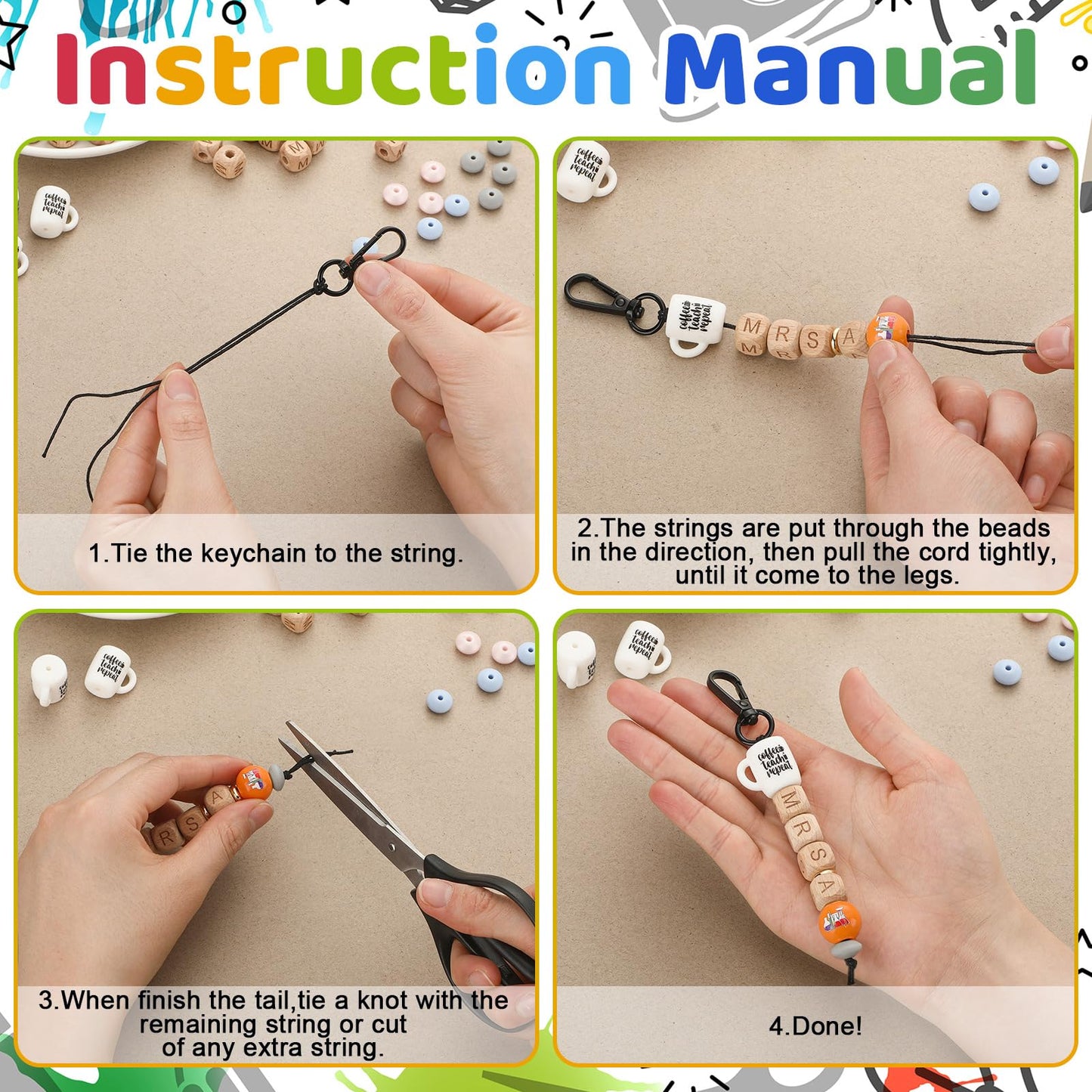 Ferreve 177 Pcs / 10 Sets Initial A to Z Teacher DIY Personalized Keychain Gift Beadable Key Chain Making Kit DIY Beaded Keychain Bar Personalized Crafts End of The Year Gift for Teachers