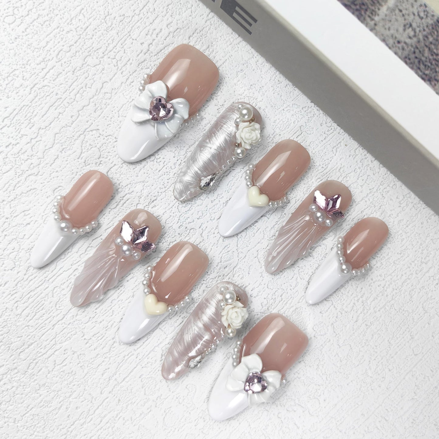 GGddsha 2025 Bridal Romance Pearl Bow White Sheer Reusable Handmade PMMA Acrylic Press on Nails w/Box Gifts for Women (Pure Vow, M)