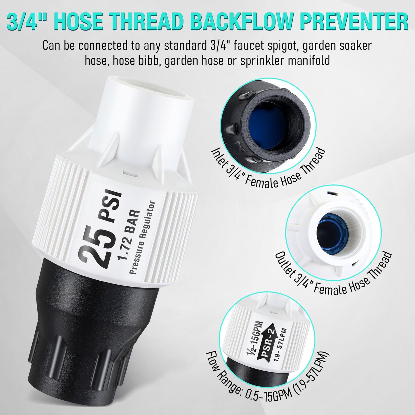 Aurelema 2 Pack 25 PSI Drip Irrigation Pressure Regulator Kit With Water Backflow Preventer for 3/4'' Garden/Faucet Hose Thread and 1/2'' Tubing Adapter, Complete System