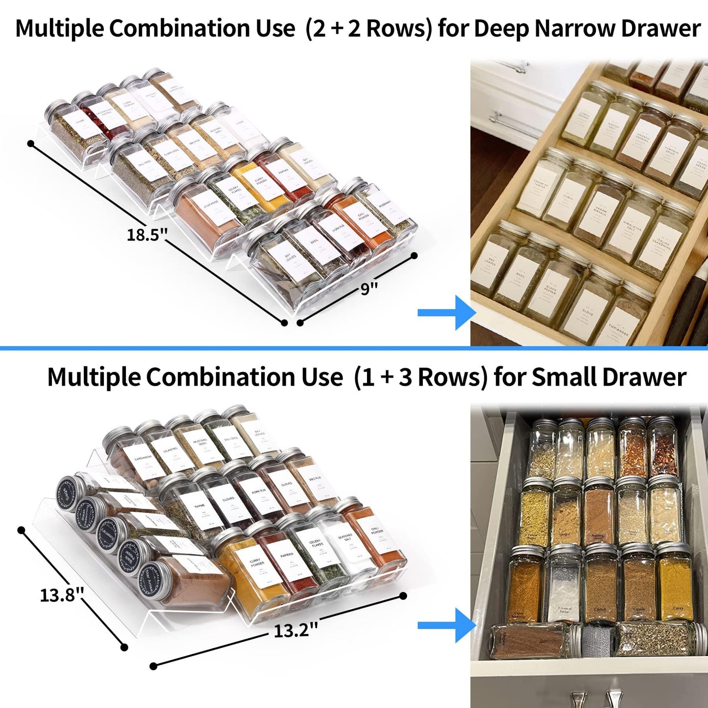 MIUKAA Clear Acrylic Spice Drawer Organizer, 4 Tier- 2 Set Expandable From 9" to 18" Seasoning Jars Drawers Insert, Kitchen Spice Rack Tray for Drawer/Countertop (Jars not included)