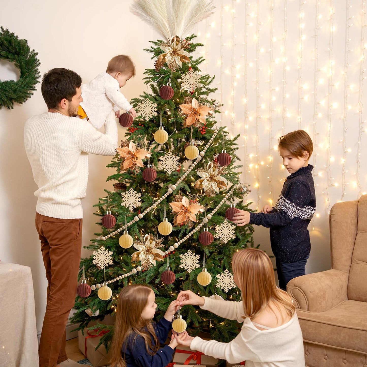 63Pcs Boho Christmas Tree Decoration Set Neutral Boho Christmas Tree Ornaments Wooden Bead Bow Xmas Balls Artificial Flowers and Grass DIY Decor Craft for Holiday Wedding Party Supplies Gifts