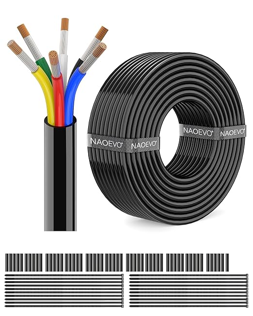 NAOEVO 16 Gauge Wire 6 Conductor Electrical Wire, 16 AWG Stranded PVC Cord, 12V Low Voltage/Tinned Copper/Flexible Cable for Automotive Wiring, Lamp Cord, Marine Cable (100FT)