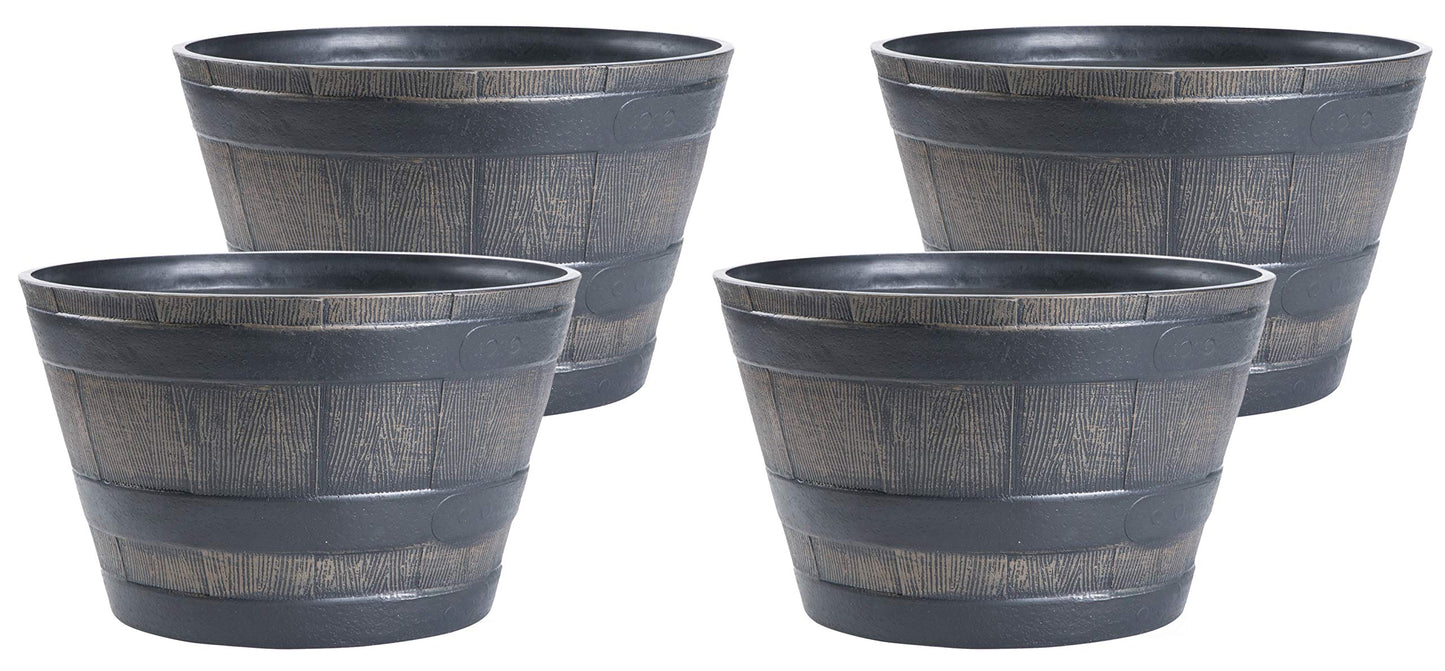 Gardenised Rustic Wood- Look Plastic Half Barrel Flower Pot Bucket Planter, Pack of 4
