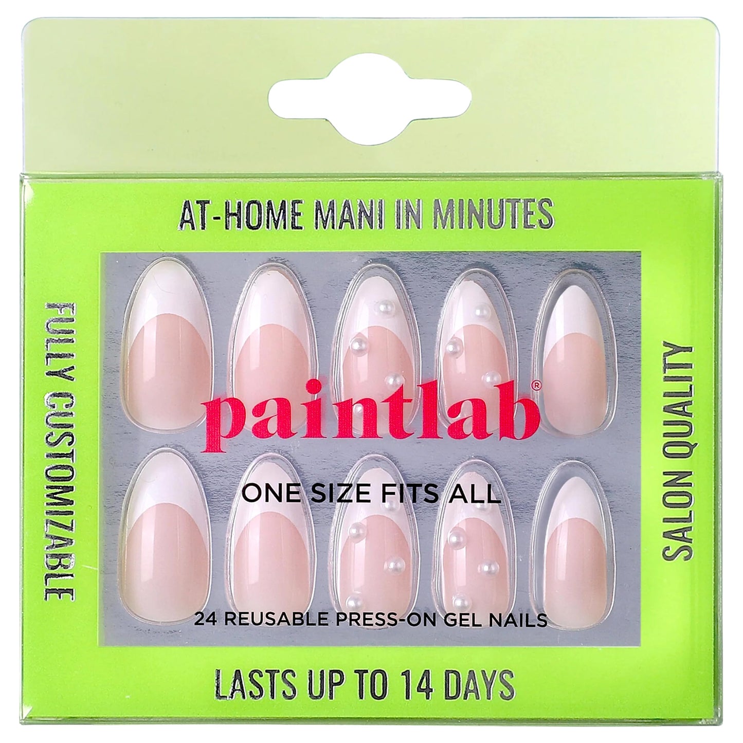 PaintLab Press On Nails - Mother of Pearl 3D Pearl White French Tip Almond Fake Nails, 30 Nails in 15 Sizes with Glue, Reusable Salon Quality Press On Nails