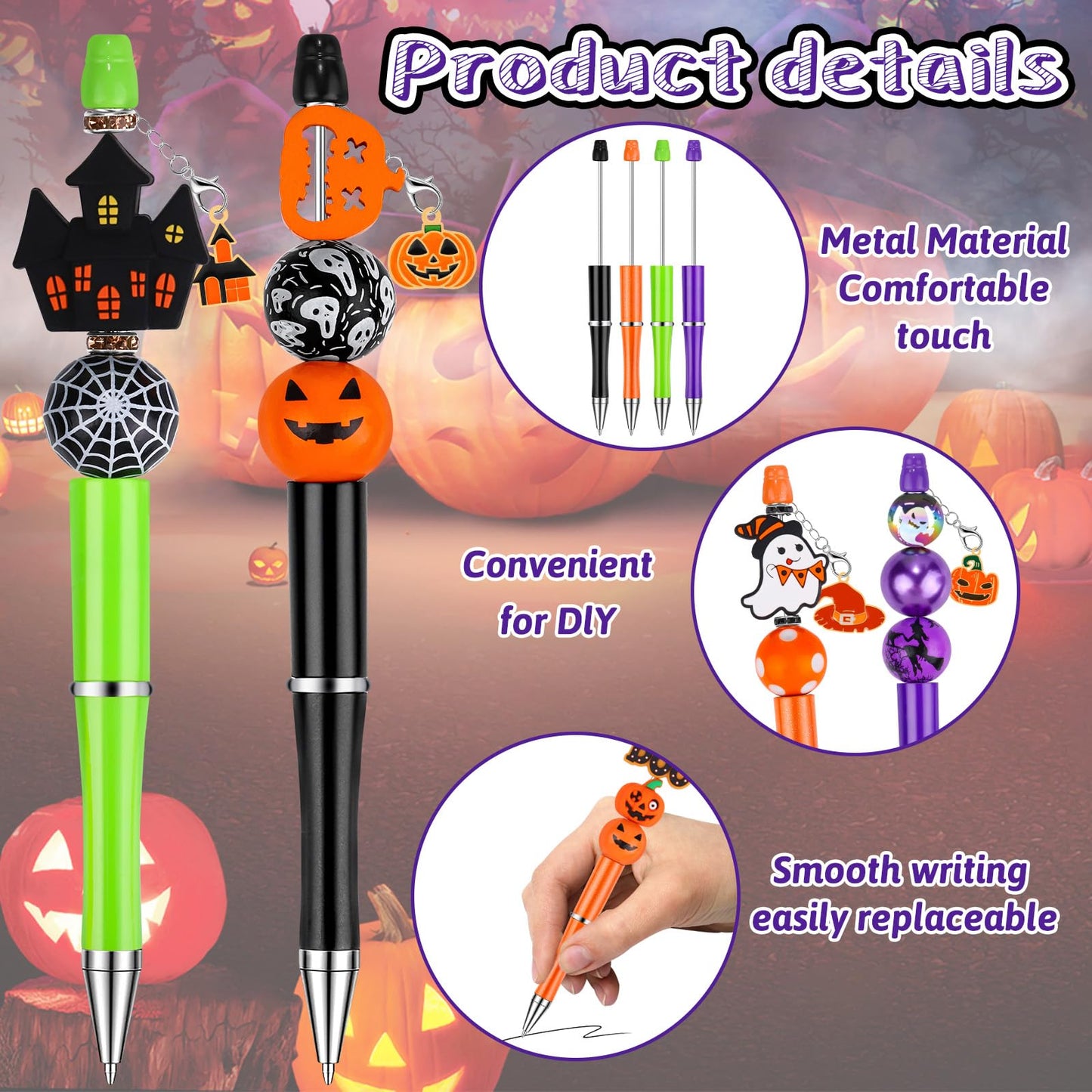 12 Sets Halloween Beadable Pens DIY Pen Making Kit with Bubblegum Beads Silicone Focal Beads - Craft Beads Charms Ballpoint Pens for Halloween