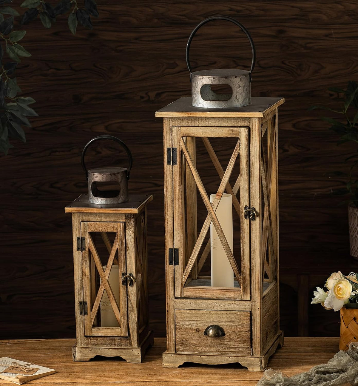 TIMRIS Large Farmhouse Wooden Candle Lantern Set of 2, Rustic Floor Candle Lanterns with Drawer, Vintage Hurricane Lantern Holder for Indoor Outdoor Decor (No Glass)