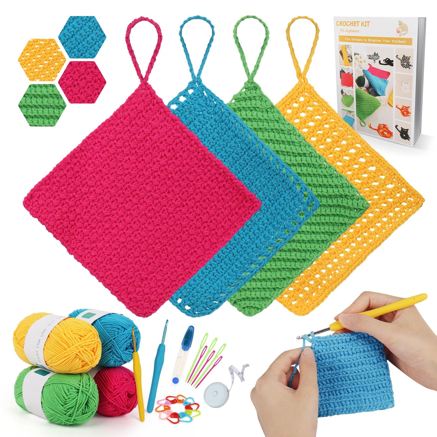 Katech Crochet Kit for Beginner Adults, Dishcloth Beginner Crochet Kit for Adults Learn to Crochet, Crochet Starter Kit Contain Detail Instruction Soft Yarn and Crochet Hook Supplies