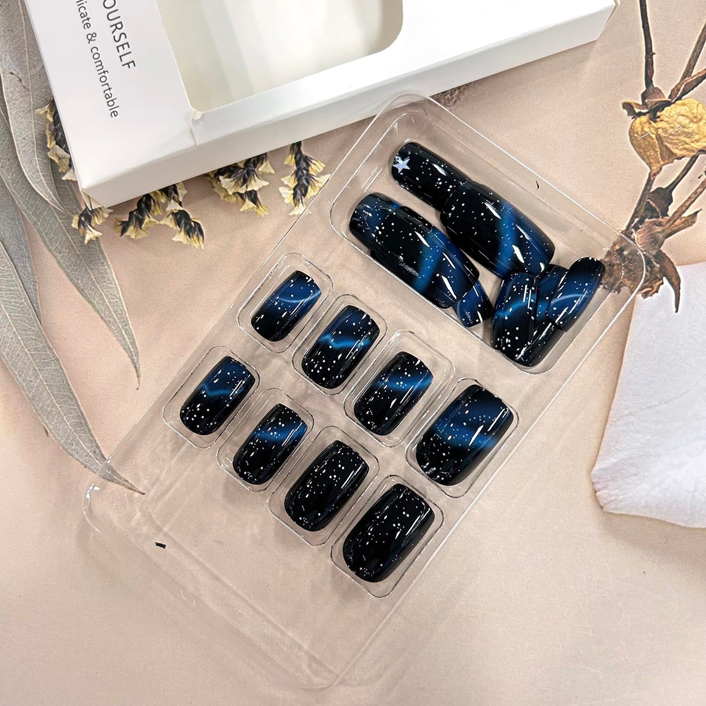 Stars False Nails Press on Nails Medium Blue Starry Sky Smudge Pattern Design Square Fake Nails Full Cover Acrylic Nails Press Nails with Charm Artificial Stick on Nails Glossy Acrylic Nails for Women