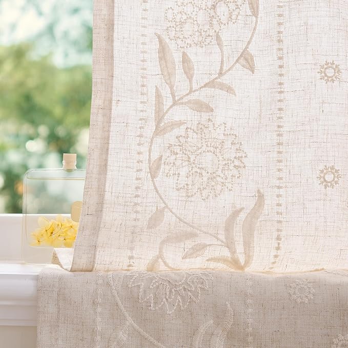 jinchan Winslow Linen Curtains 45 Inch Length Small Window Curtains Embroidered Bordered Floral Drapes Light Filtering for Bathroom Laundry Room Kitchen Farmhouse Decor White on Beige 2 Panels