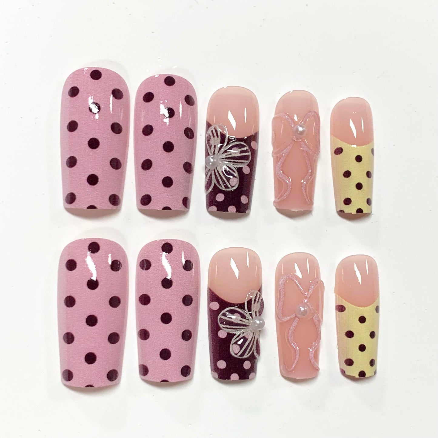 BABALAL Press on Nails, Long Square Fake Nails, Pink Yellow Summer, Polka Dot & Flower Design, Glossy Full Cover False Nails 24Pcs