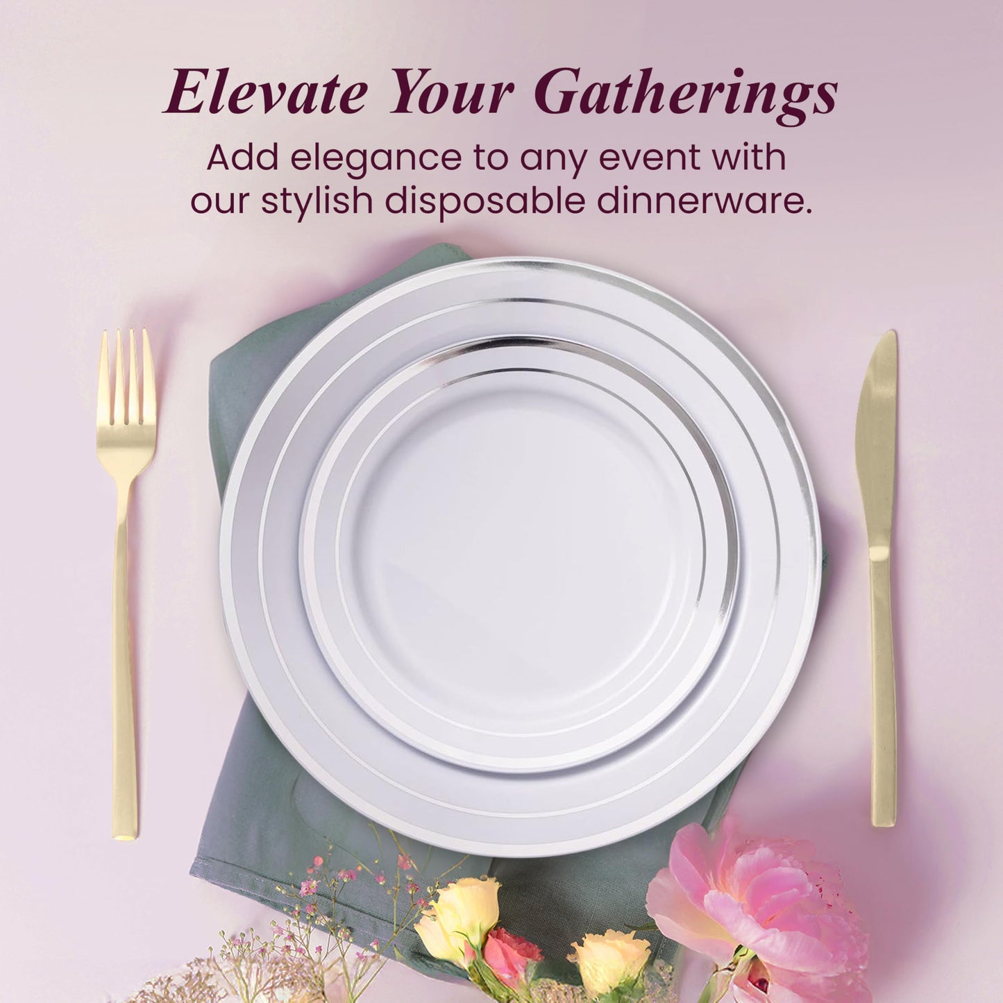 Aya's 60 Silver Rimmed Plastic Plates for Party, Heavy Duty Disposable Plate Set of 30 Dinner and 30 Dessert Plates for Weddings and Special Events, Fancy Disposable Tableware