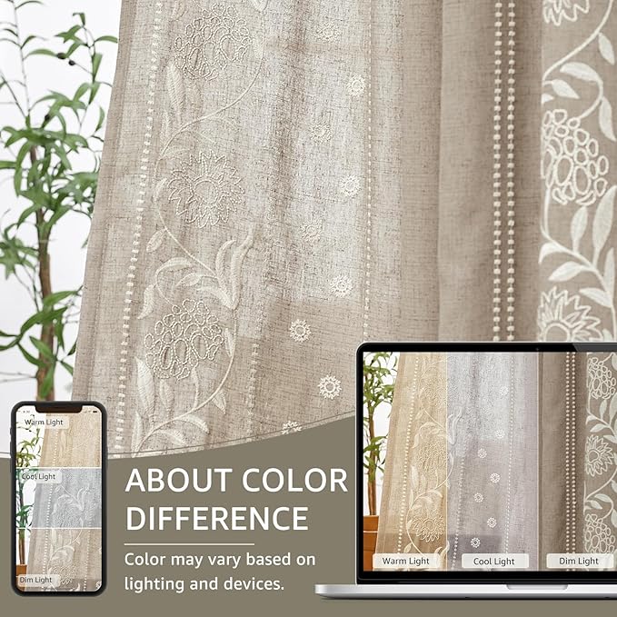 jinchan Winslow Linen Curtains for Bedroom 84 Inches Length Ivory on Taupe Embroidered Bordered Floral Curtains for Living Room Farmhouse Decor Light Filtering Window Treatments 2 Panels