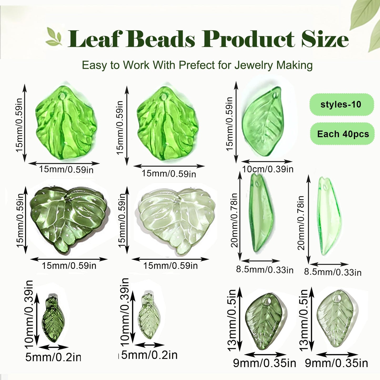 Green Acrylic Leaf Beads 400PCS – Transparent Leaf Charms for Jewelry Making, Acrylic Plant Beads for Earrings, Bracelets & Necklaces (Mixed Styles)