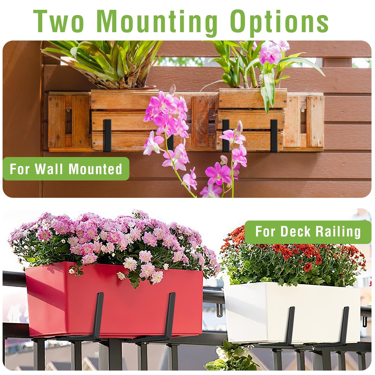 NouraVita Window Box Brackets, Adjustable Hanging Railing Planter Box Brackets, Heavy Duty Wall Mount Iron Flower Box Holder for Outdoor Windowsill, Balcony, Garden, and Fence (2 Pack)