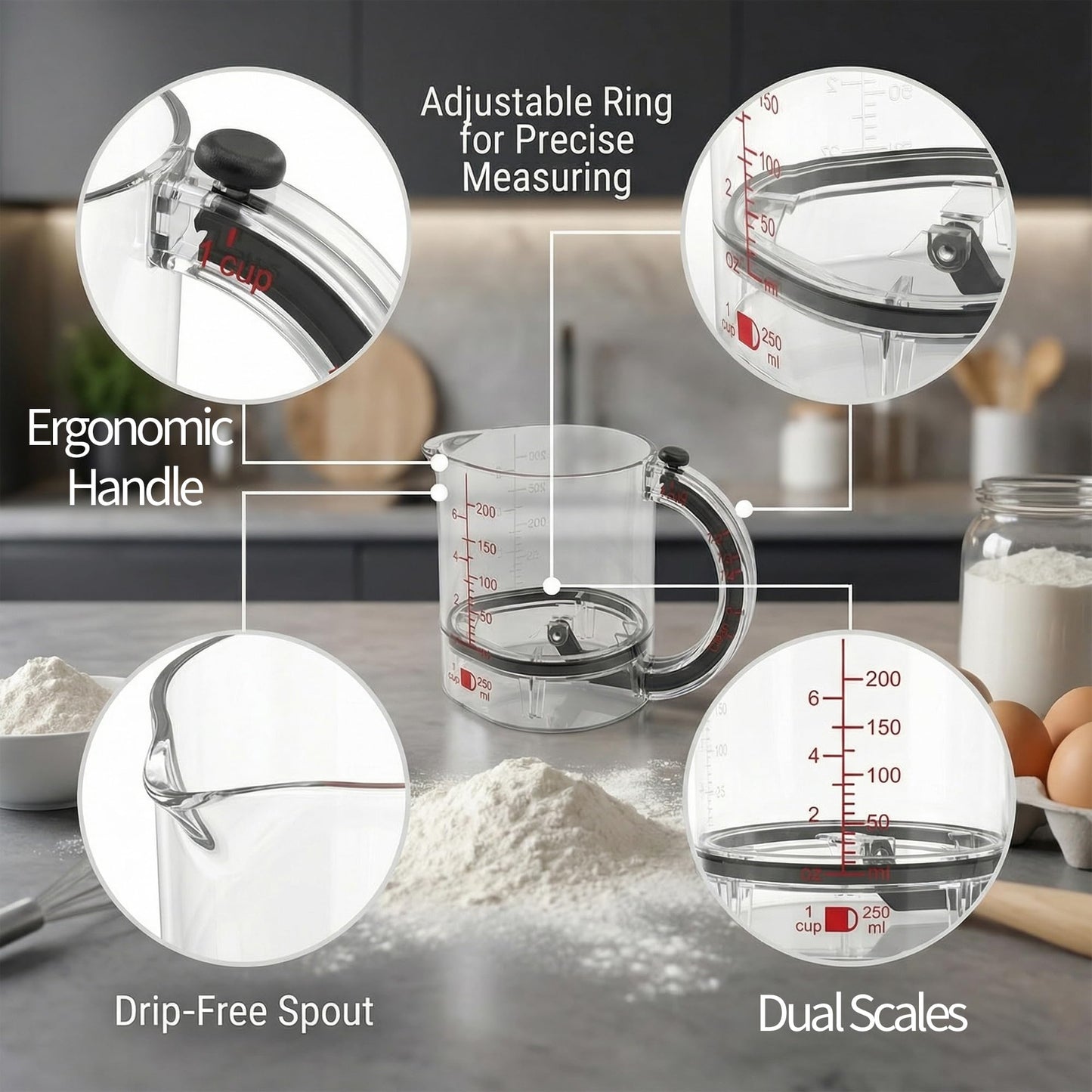 4 in1 Adjustable Measuring Cup with Self-Cleaning Scraper Base - Space-Saving Kitchen Tool for Baking, Cooking & Meal Prep (1/4 to 1 Cup)