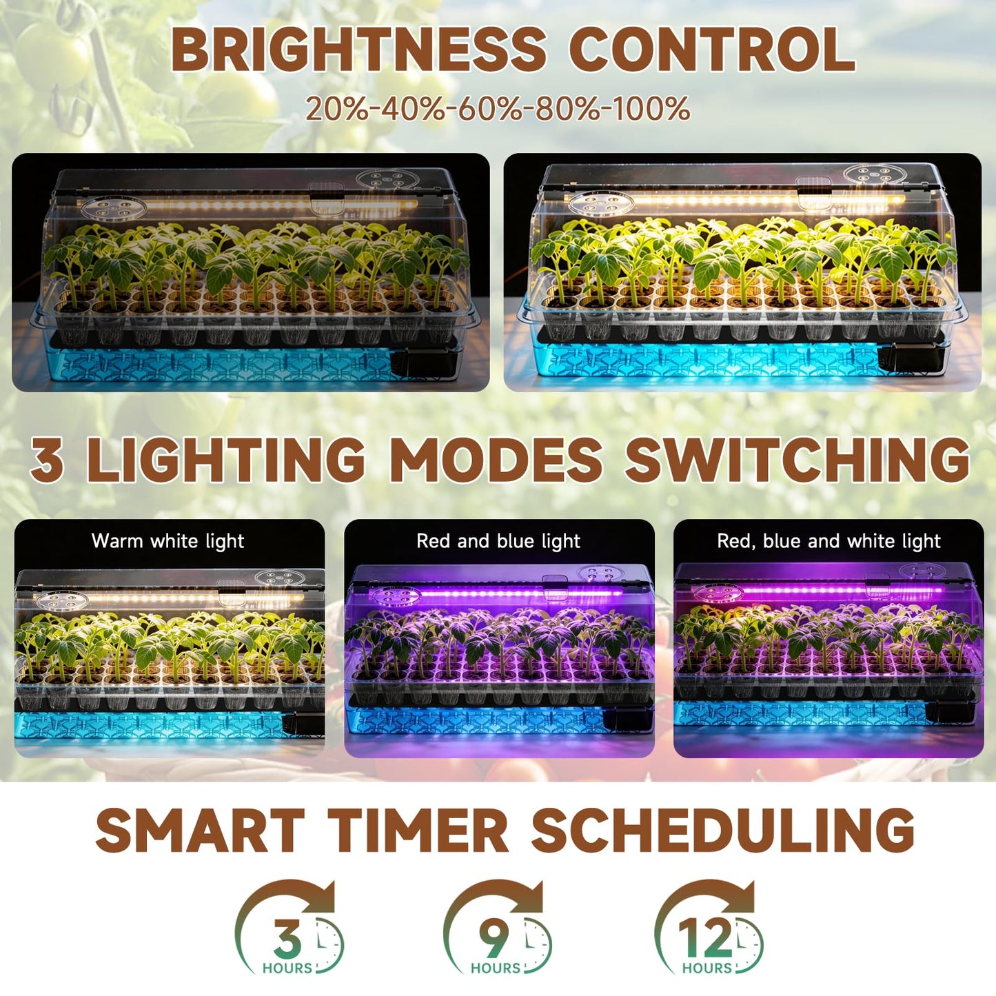 Eyriolya Seed Starter Tray Self Watering, Seed Starter Kit with Grow Light, Full Spectrum Grow Light for Seedling with Timer, Indoor Plant Grow Tray for Beginners & Seasoned Gardeners (144 Cells)