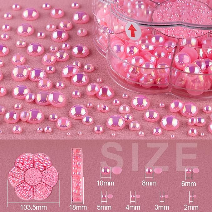 Nail Art Flat Back Half Round Pearl Kits 17, 1 Box of 6000 Pcs Flat-Back Pink AB Pearl with Tweezer and Picker Pencil for Home DIY Nails Body Face Craft and Salon Use