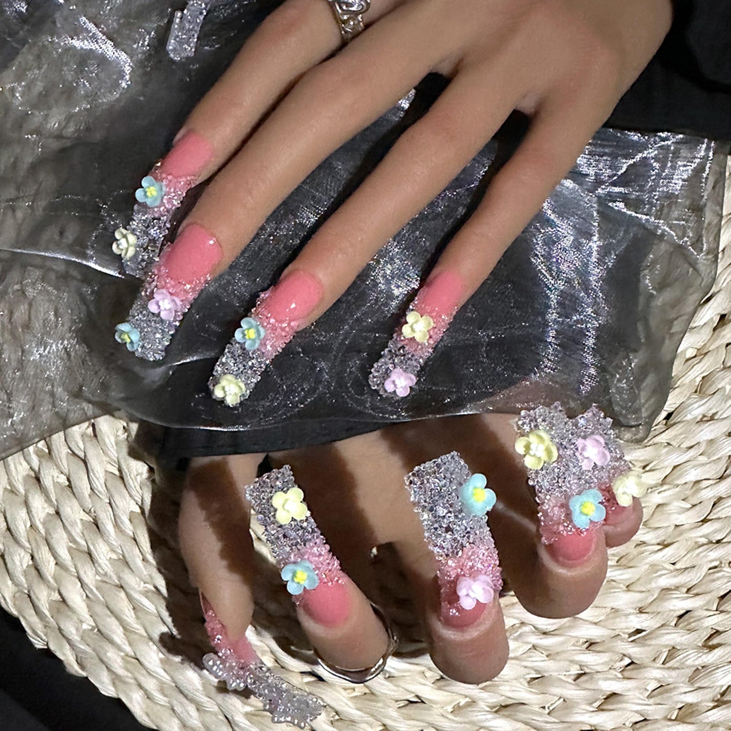 Handmade Curved Nails Tips,Long Press on Nails - French Tip Fake Nails with 3D Sugar Crystal Bow Designs Square Nails Press ons Reusable Artificial Nail for Women Manicure 10Pcs(Size M)