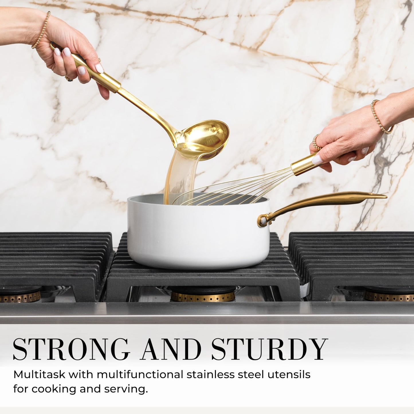 White Silicone and Gold Cooking Utensils Set with Gold Utensil Holder - 7-Piece Silicone Cooking Tools - Ideal for Nonstick Cookware and Stylish Modern Kitchens - Luxury Kitchen Accessories.